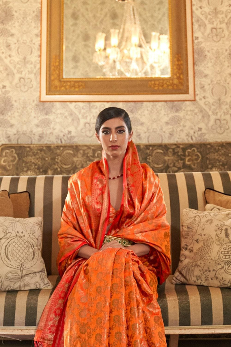 Blaze Orange Zari Woven South Silk Saree