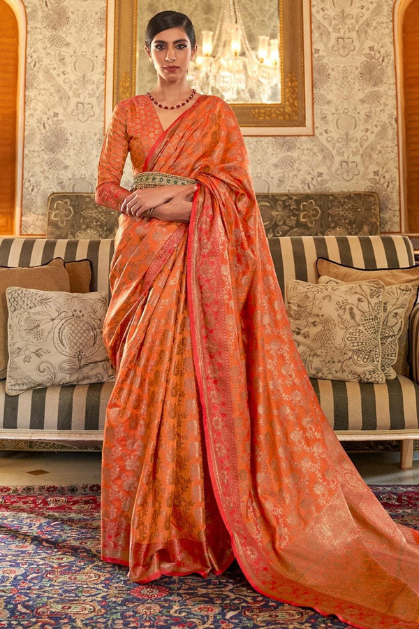 Blaze Orange Zari Woven South Silk Saree