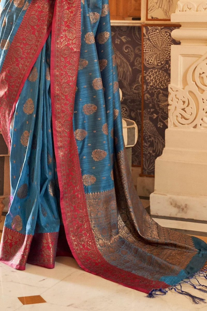 Sapphire Blue Zari Woven South Silk Saree