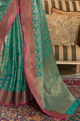 Turquoise Blue Zari Woven South Silk Saree