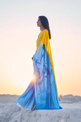 Yellow And Blue Printed Satin Silk Saree